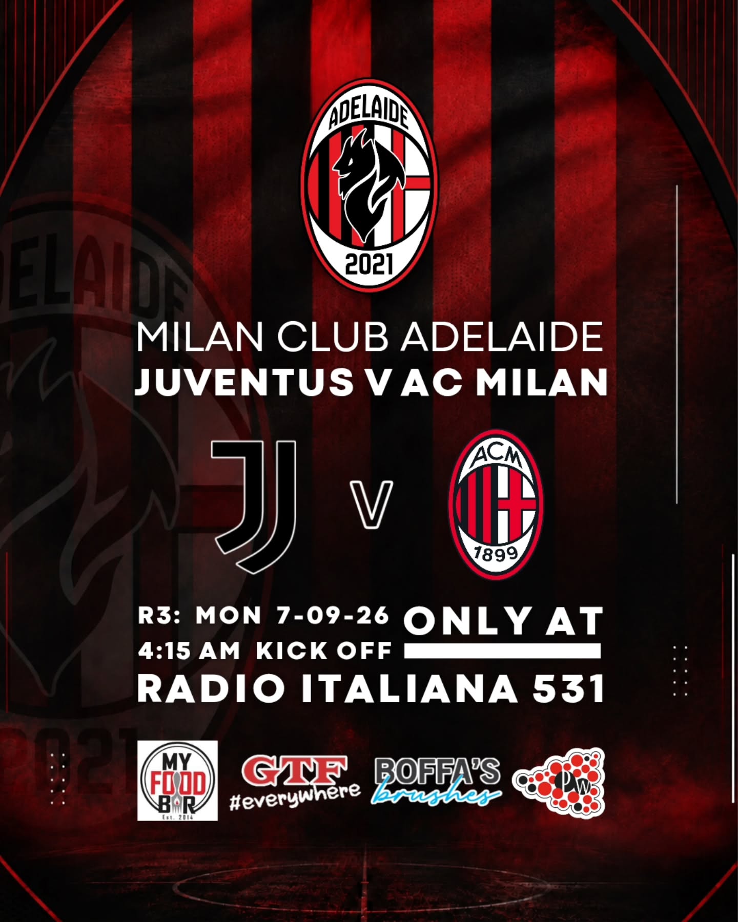 🔴⚫ FORZA MILAN! Milan v Juventus 🔴⚫
Ciao Rossoneri di Adelaide! Ci vediamo tu