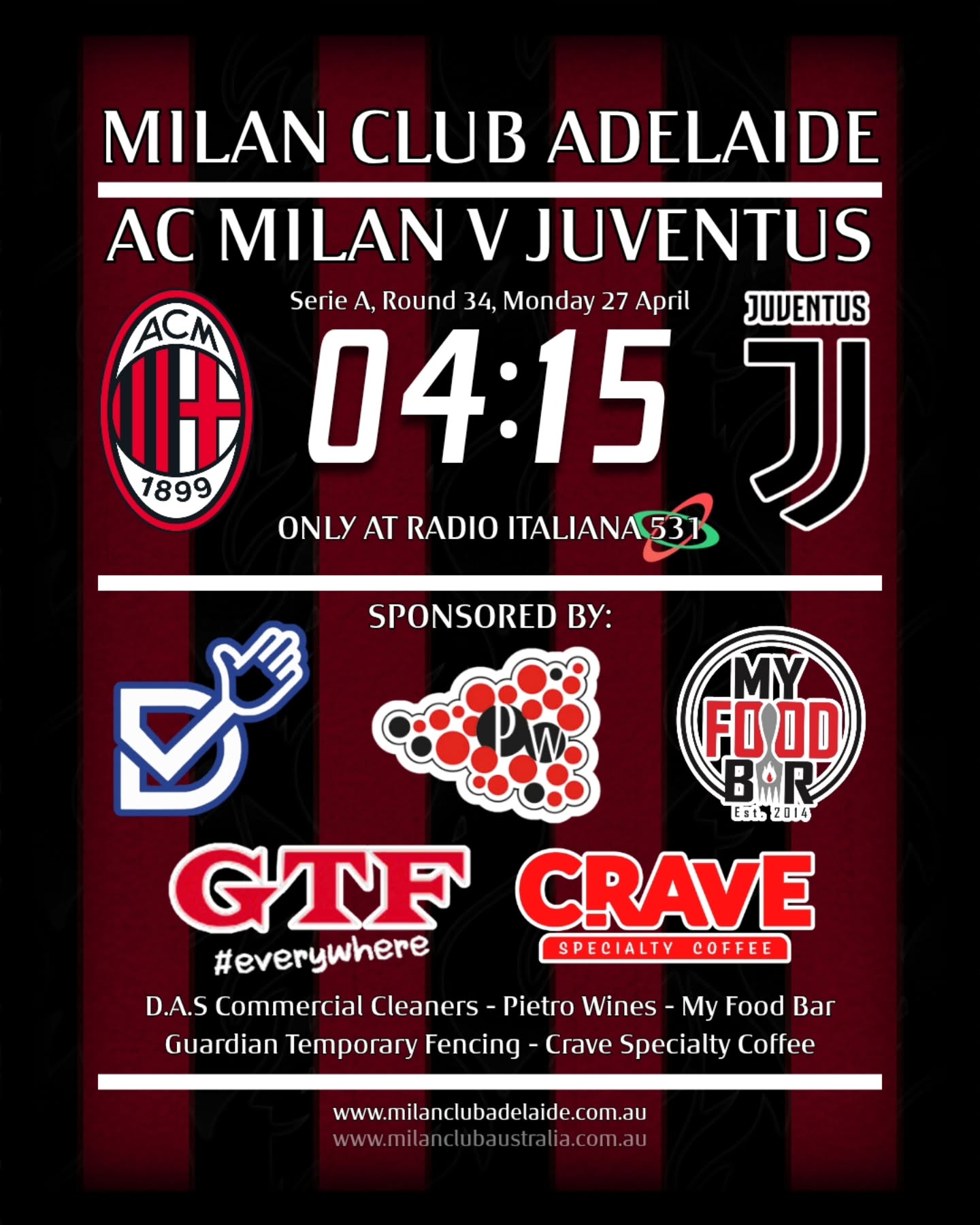 🔴⚫️ Milan v Juve @ Radio Italiana 531 tomorrow morning. Open from 4AM.
Forza M